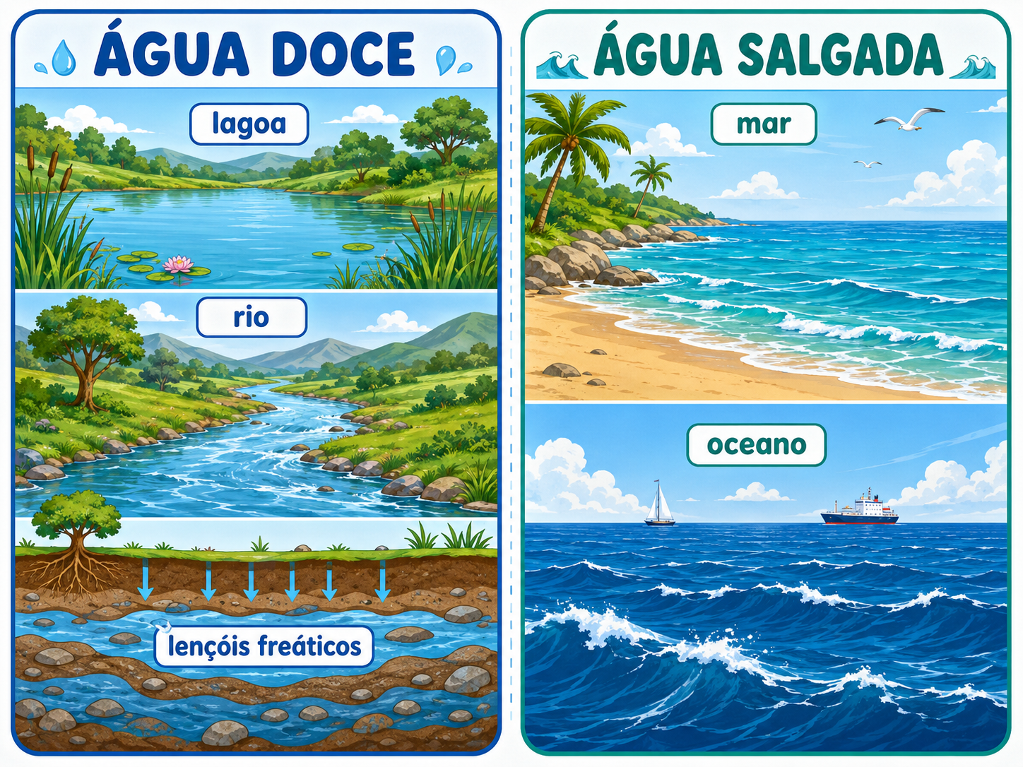 Rio de água doce descendo entre colinas verdes até desaguar no mar de água salgada.