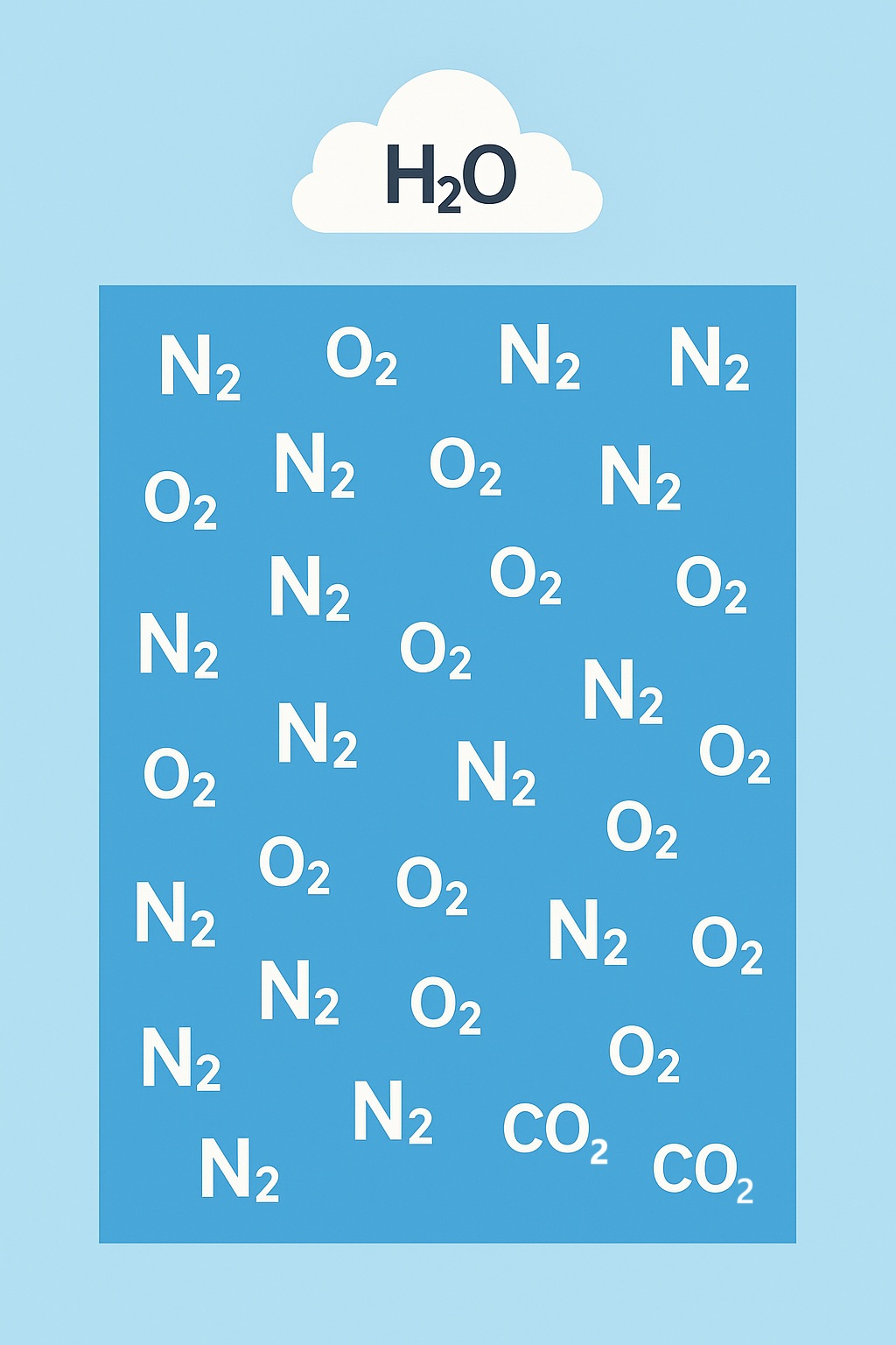 Composição do ar: muitas moléculas de N₂ (nitrogênio) e O₂ (oxigênio), algumas de CO₂ e vapor de água (H₂O).