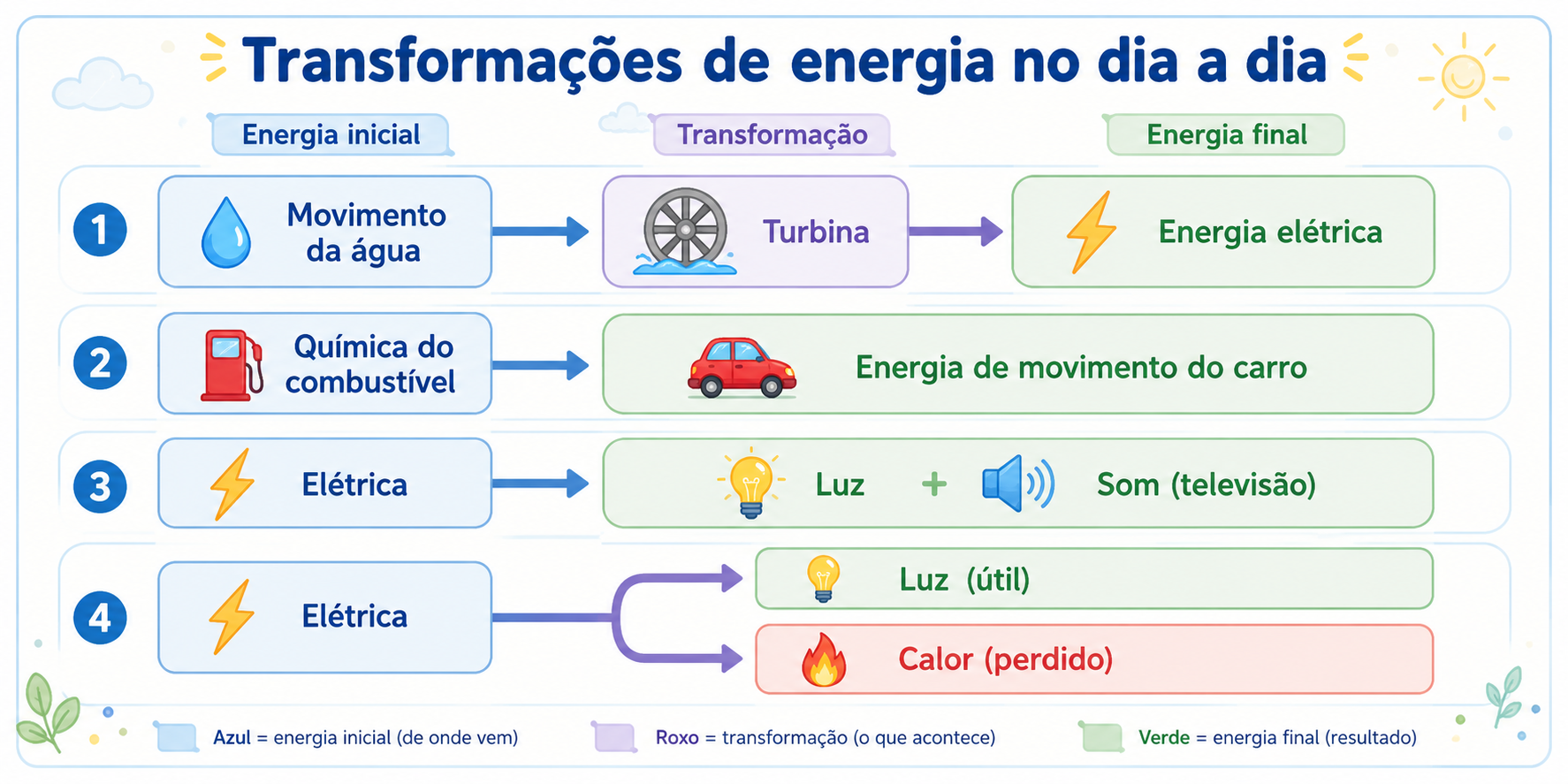 Cadeias de transformação de energia: como uma forma de energia se transforma em outra em diferentes situações.