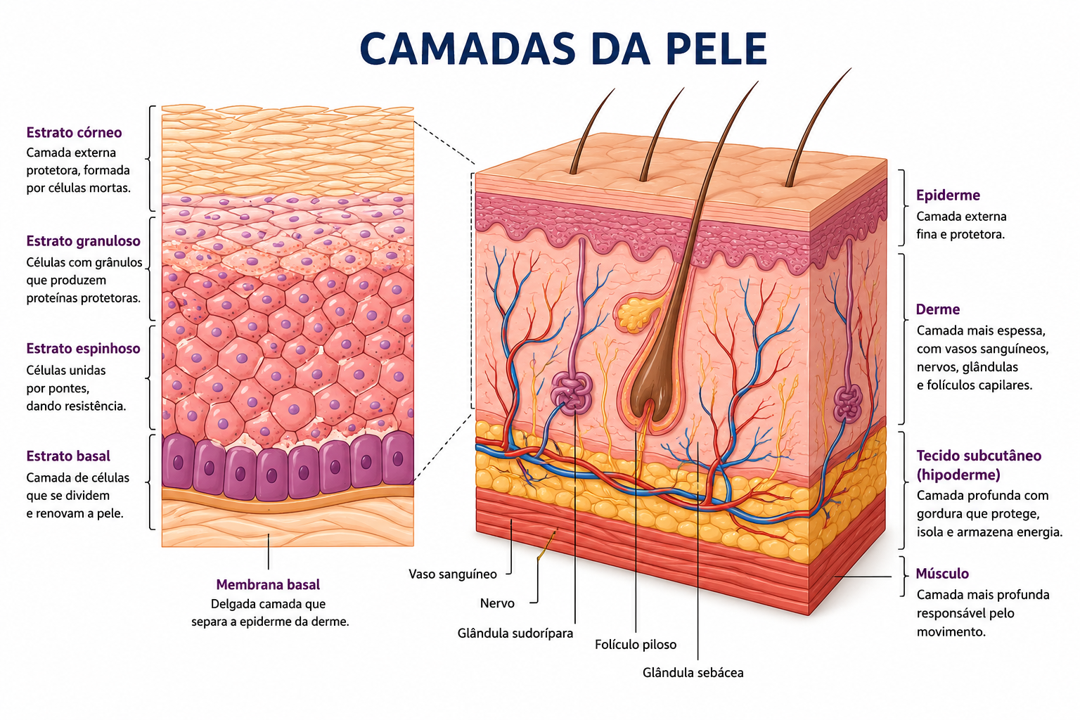 As três camadas da pele: epiderme, derme e hipoderme.