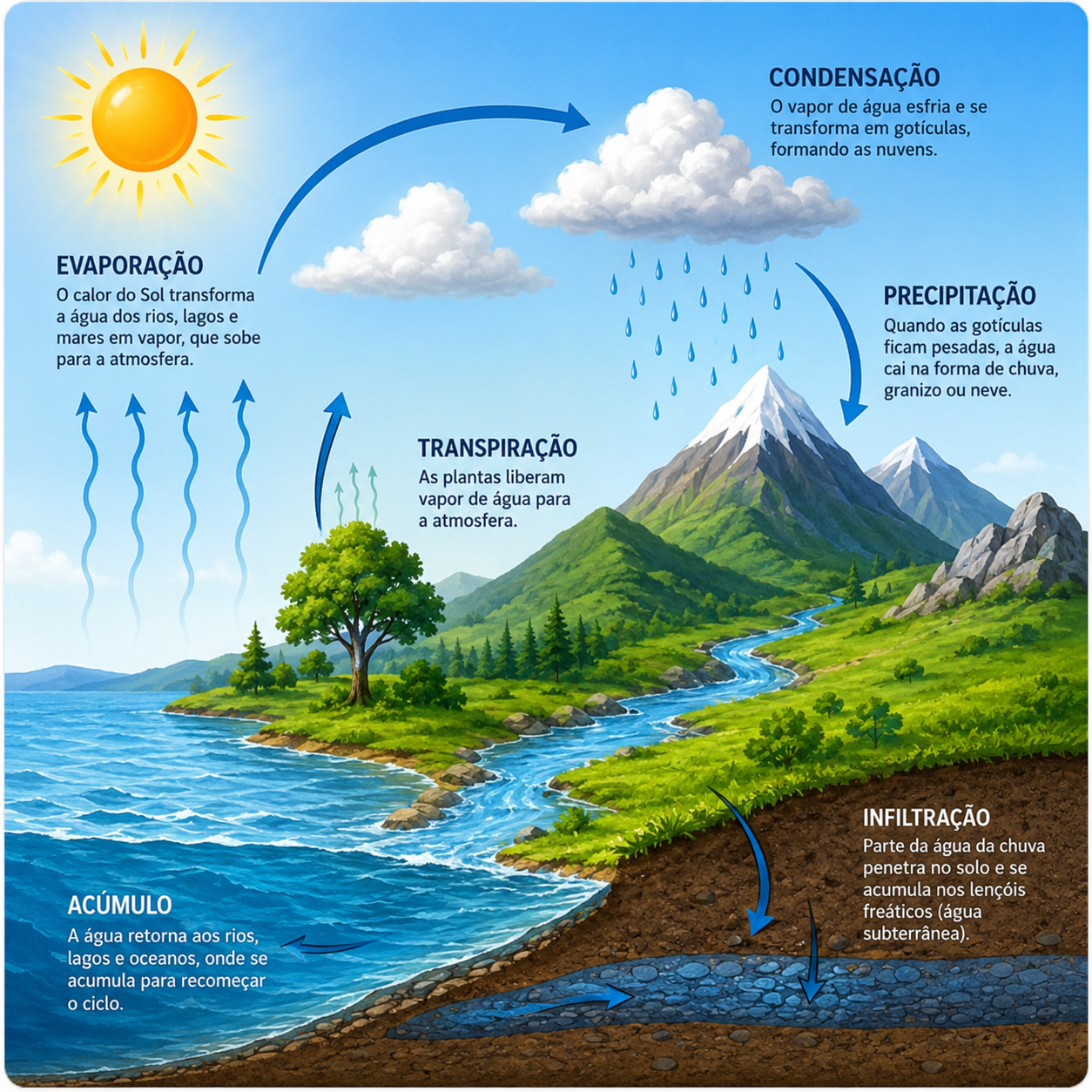 Diagrama do ciclo da água mostrando o sol, o mar, uma árvore, uma montanha e uma nuvem, com setas indicando as etapas.