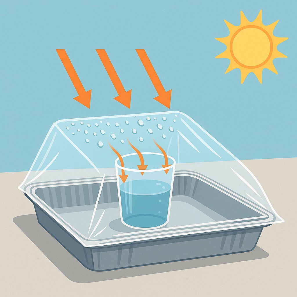Experimento do efeito estufa: copo com água em uma bandeja coberta por filme plástico ao sol; o calor fica retido e forma gotas no plástico.
