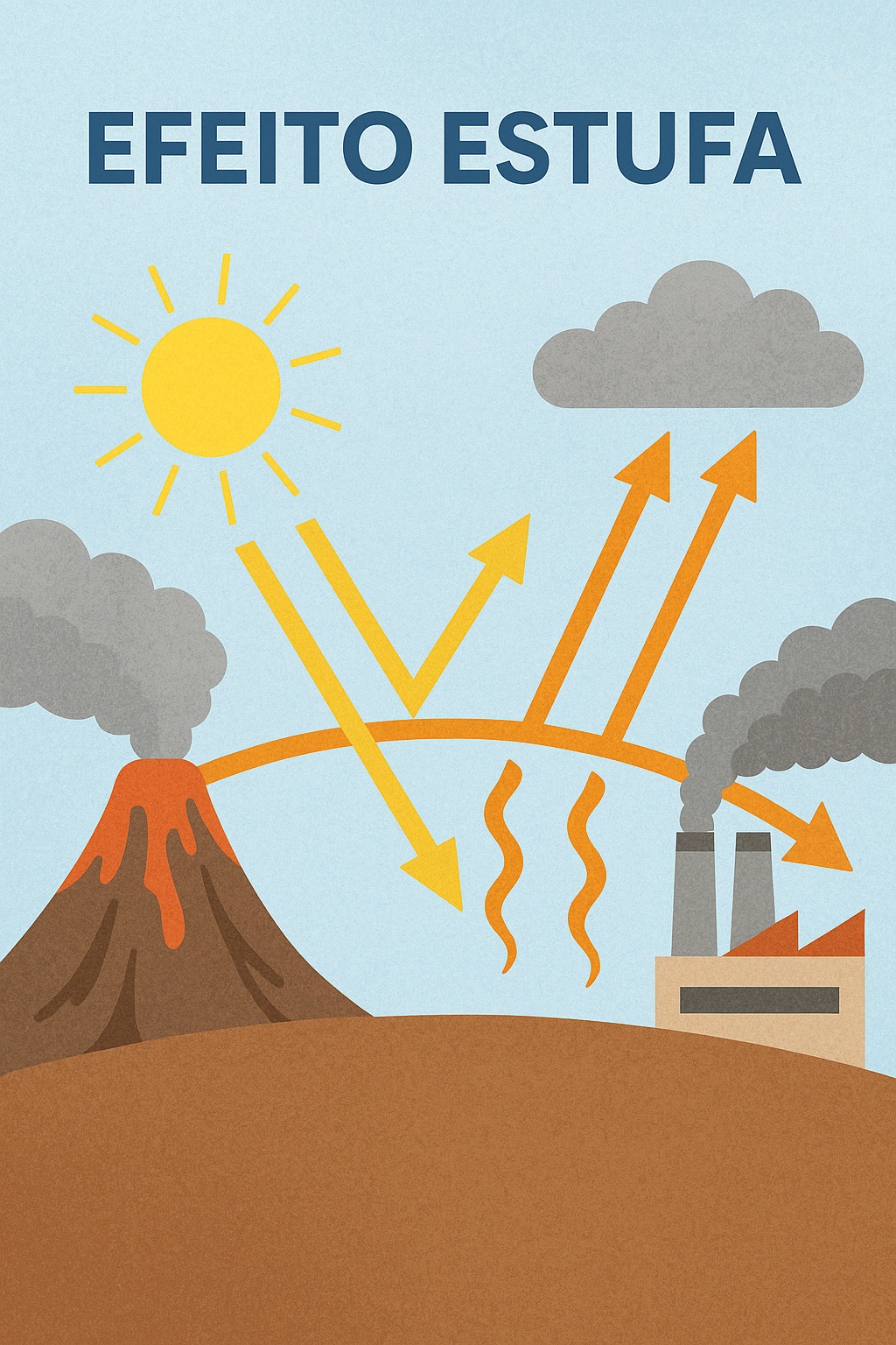 Ilustração do efeito estufa: raios solares entram, parte do calor é retida pela atmosfera; um vulcão e uma fábrica liberam gases.