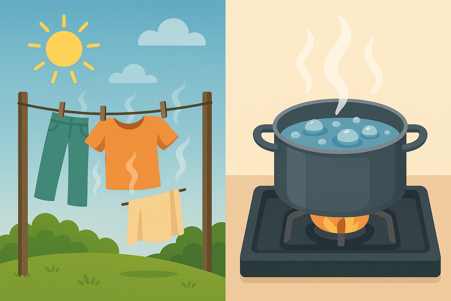 À esquerda, roupas secando no varal ao sol (evaporação); à direita, panela com água fervendo no fogão (ebulição).