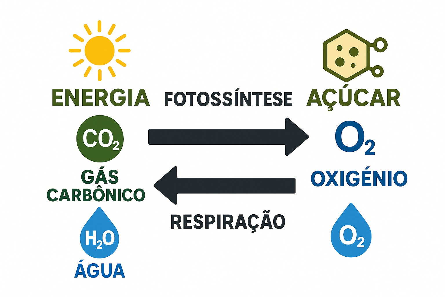 Esquema comparando a fotossíntese e a respiração: a planta usa luz, CO₂ e água para produzir açúcar e liberar O₂; na respiração, os seres vivos consomem O₂ e liberam CO₂.