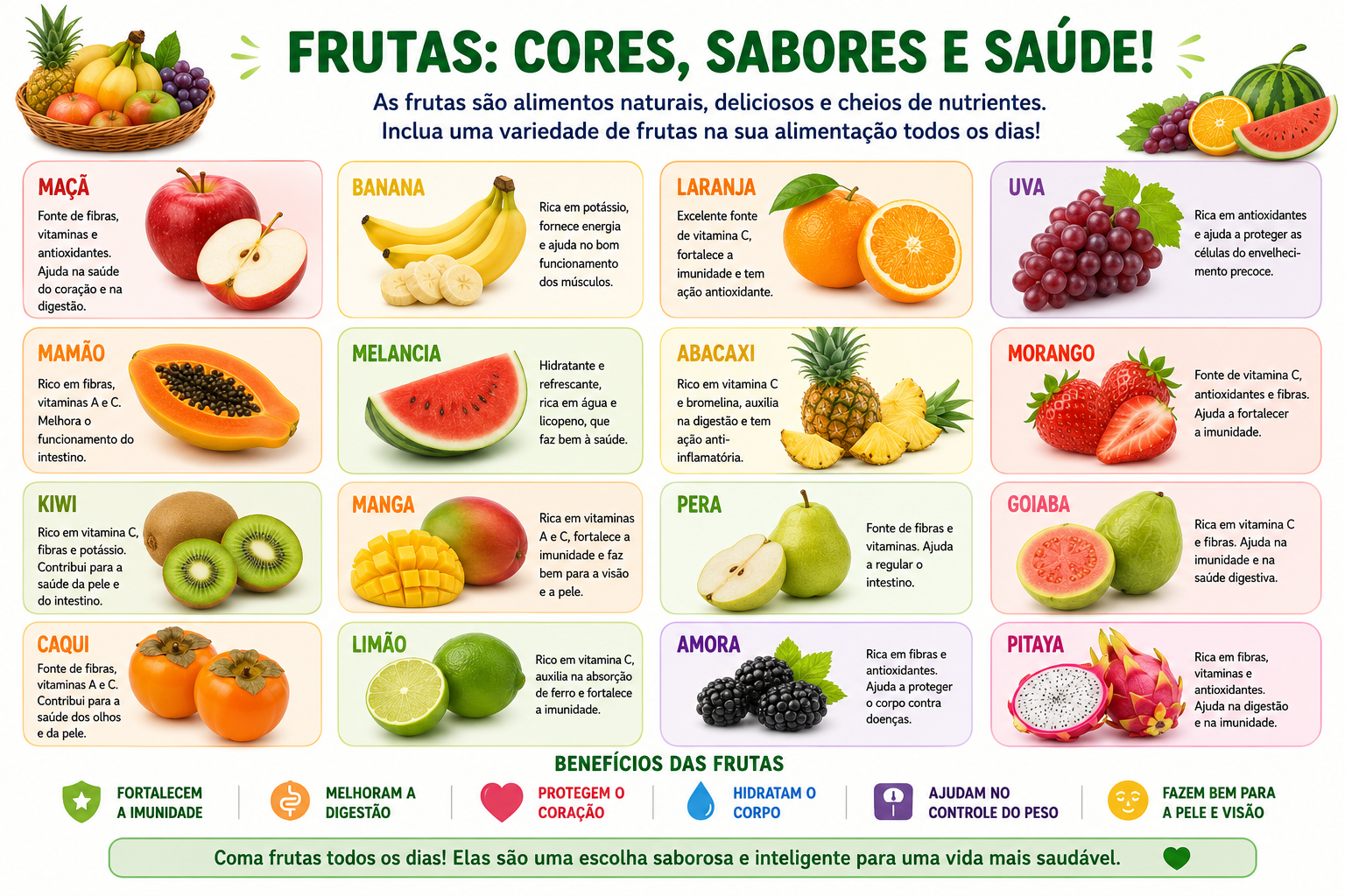 Cartaz 'Frutas: cores, sabores e saúde', com diversas frutas organizadas por cor.