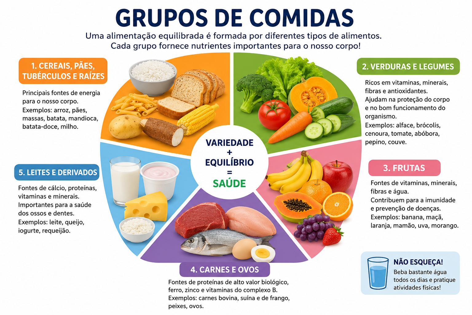 Infográfico 'Grupos de comidas': um prato dividido nos grupos de alimentos (cereais, pães, tubérculos e raízes; verduras e legumes; frutas; leite e derivados; carnes e ovos) em torno da ideia de que variedade e equilíbrio trazem saúde.
