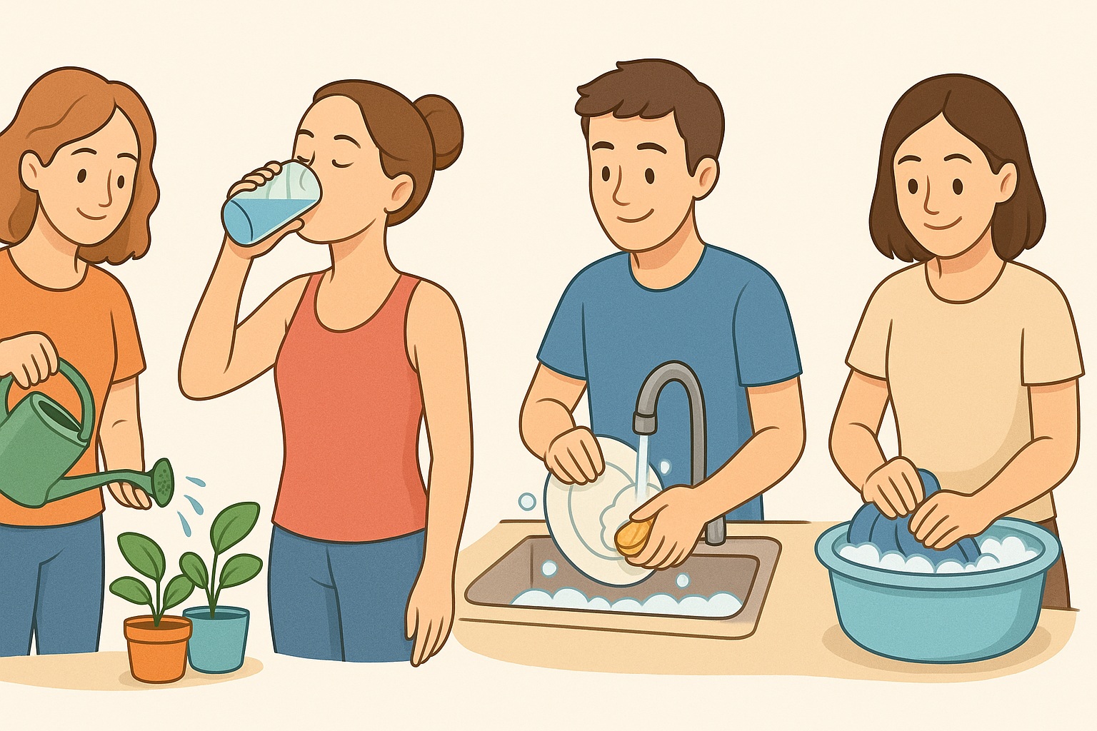 Quatro pessoas usando água no dia a dia: regando plantas, bebendo em um copo, lavando louça na pia e lavando roupa em uma bacia.