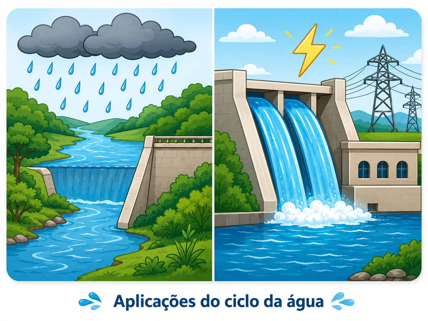 À esquerda, chuva enchendo um reservatório; à direita, uma usina hidrelétrica com barragem, torre de energia e um raio.