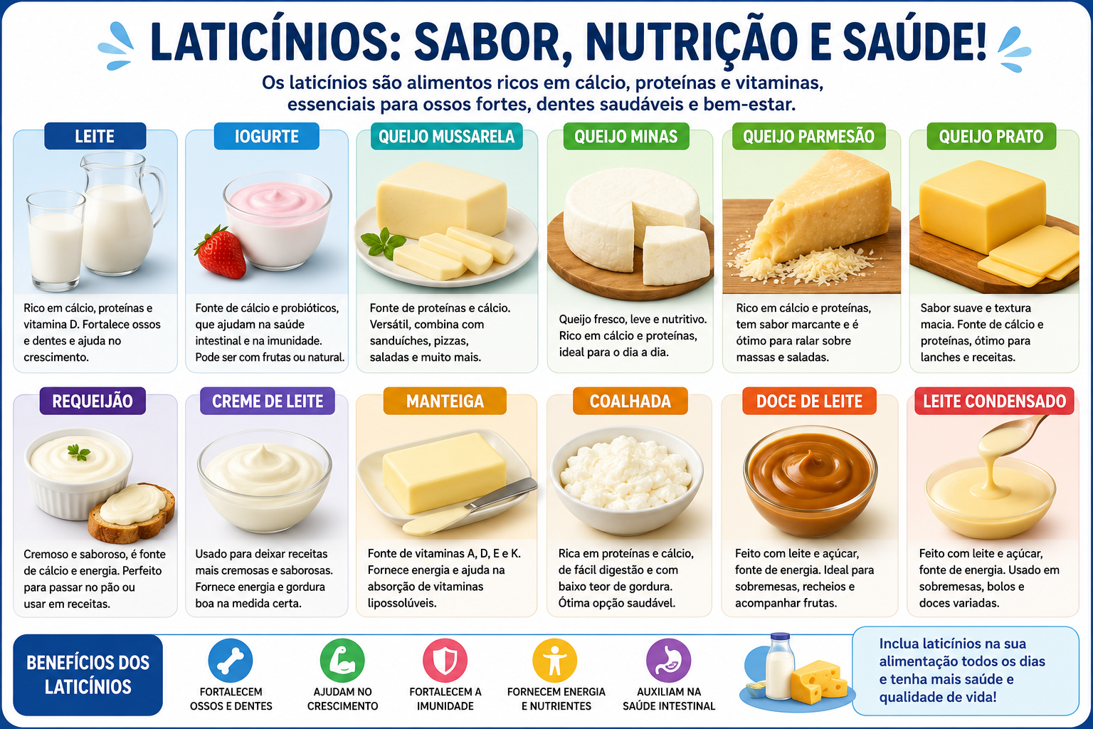 Cartaz 'Laticínios: sabor, nutrição e saúde', mostrando tipos de laticínios como leite, iogurte, queijos, manteiga e creme.