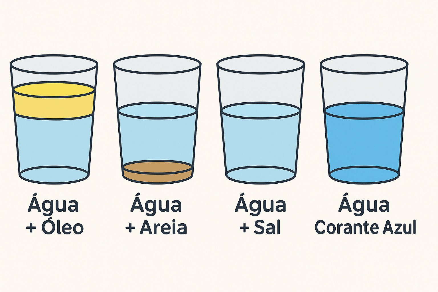 Quatro copos: água mais óleo e água mais areia (misturas heterogêneas); água mais sal e água com corante azul (misturas homogêneas).
