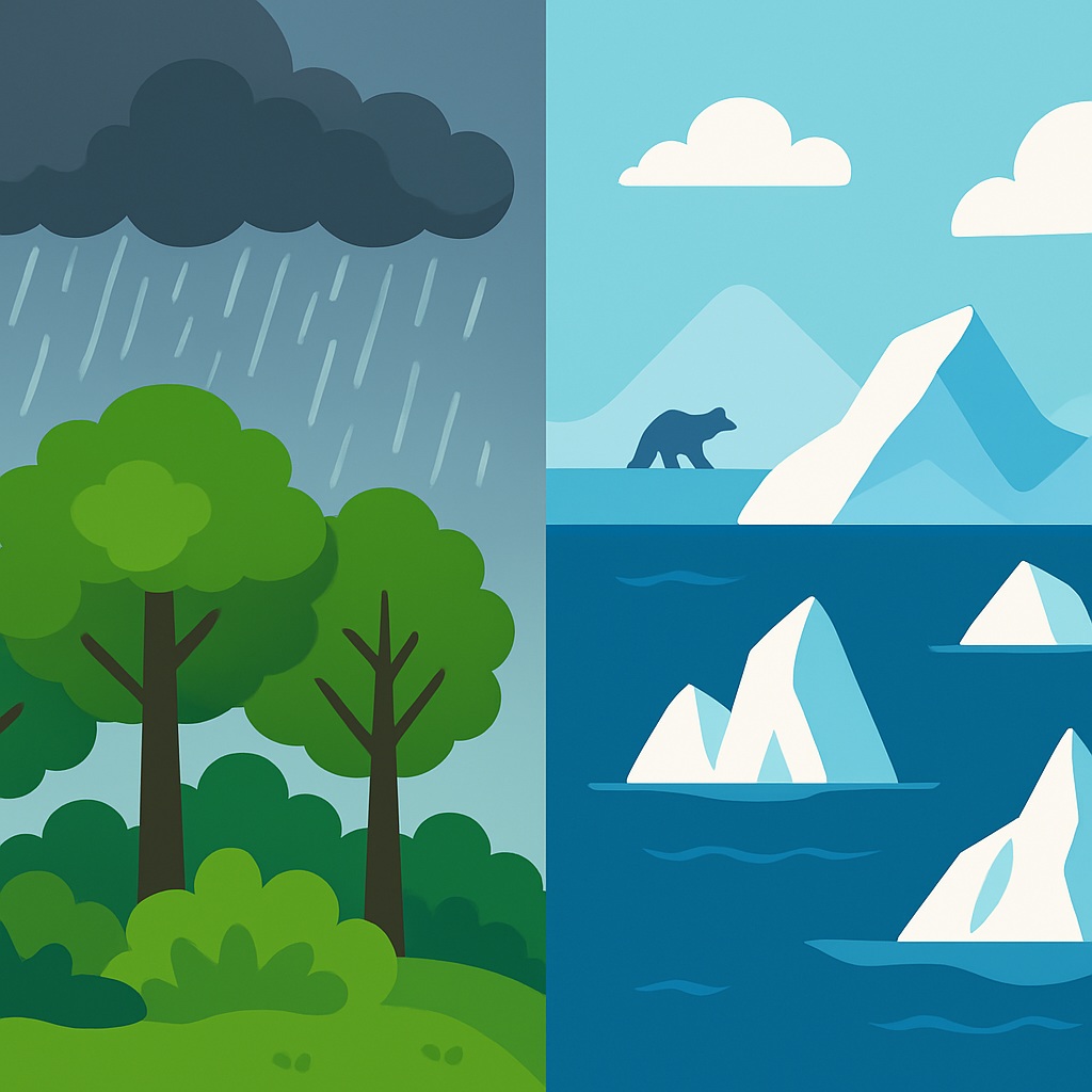 À esquerda, chuva sobre uma floresta verde; à direita, icebergs no mar com um urso polar.