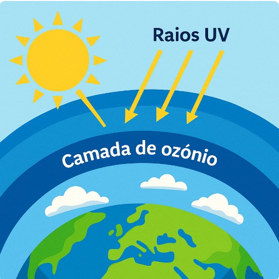 Camada de ozônio envolvendo a Terra e filtrando os raios ultravioleta (UV) emitidos pelo Sol.