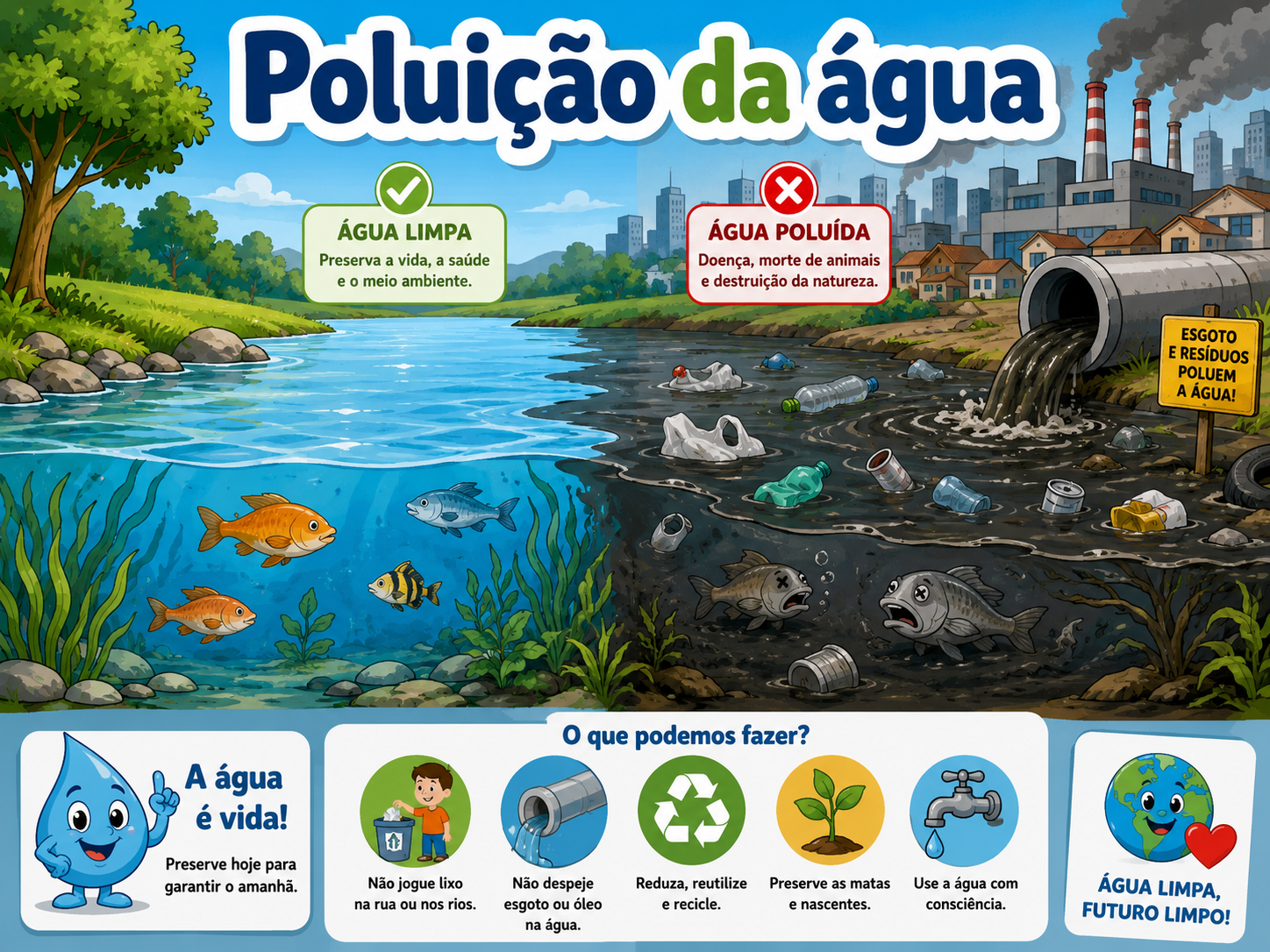 Fábrica com chaminés soltando fumaça e canos despejando resíduos tóxicos coloridos em um rio, com placas de perigo.
