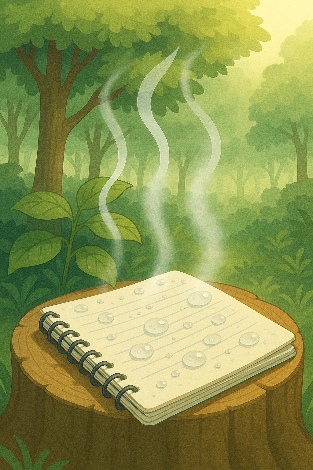 Vapor de água subindo em uma floresta úmida, com gotas de orvalho sobre um caderno em cima de um tronco.