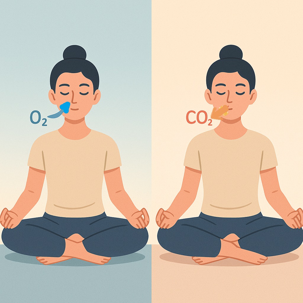 Pessoa respirando: à esquerda inspira oxigênio (O₂) e à direita expira gás carbônico (CO₂).