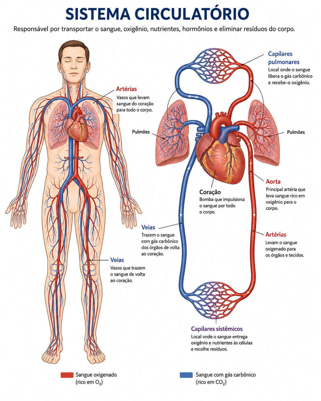 O sistema circulatório humano: coração, aorta, artérias, veias, capilares pulmonares e capilares sistêmicos, com o sangue oxigenado em vermelho e o sangue com gás carbônico em azul.