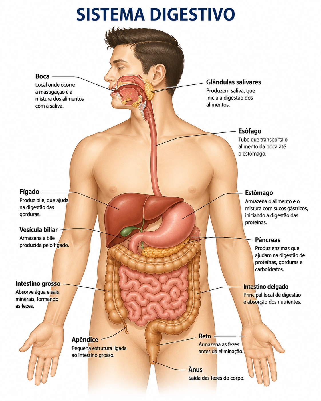 O sistema digestório humano: boca, glândulas salivares, esôfago, estômago, fígado, vesícula biliar, pâncreas, intestino delgado, intestino grosso, reto e ânus.