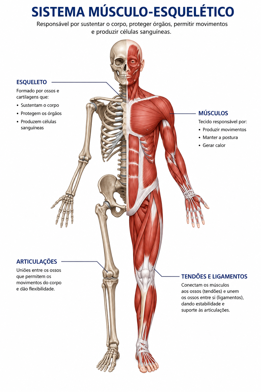 O sistema músculo-esquelético humano: ossos, músculos e tendões.