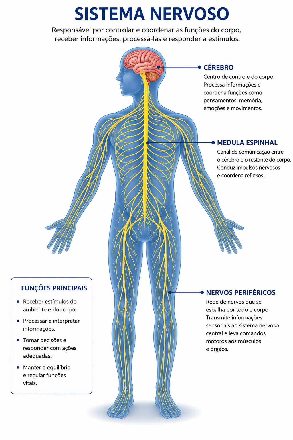 O sistema nervoso humano: cérebro, medula espinhal e a rede de nervos.