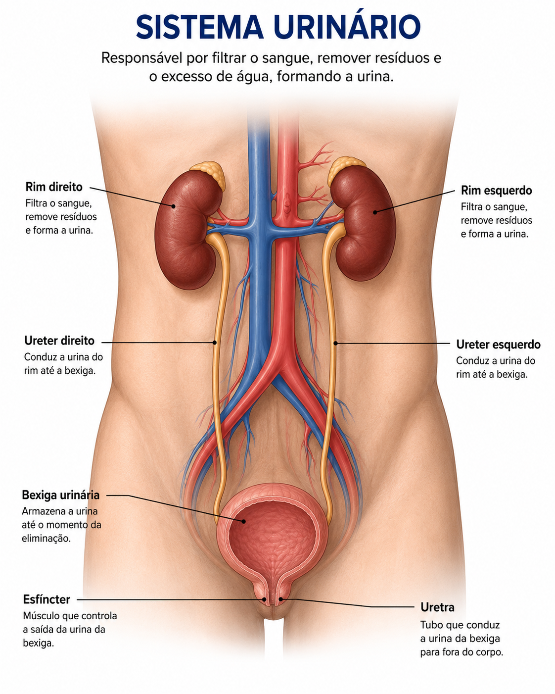 O sistema urinário humano: rins, ureteres e bexiga.