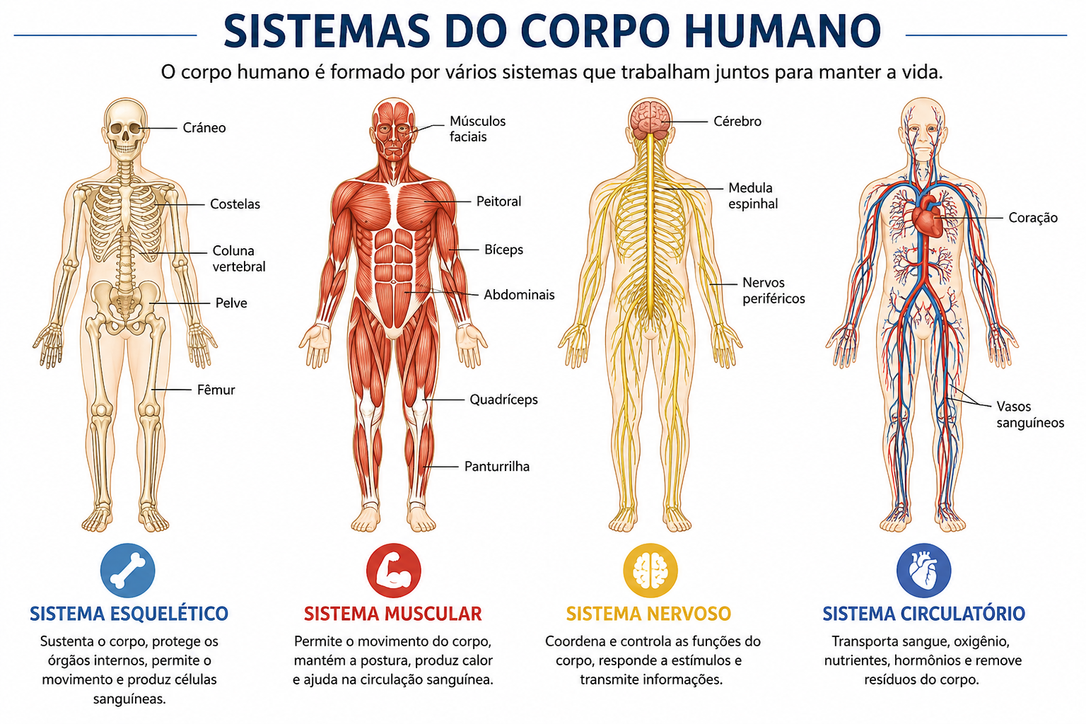 Visão geral dos sistemas do corpo humano (esquelético, muscular, nervoso, circulatório).