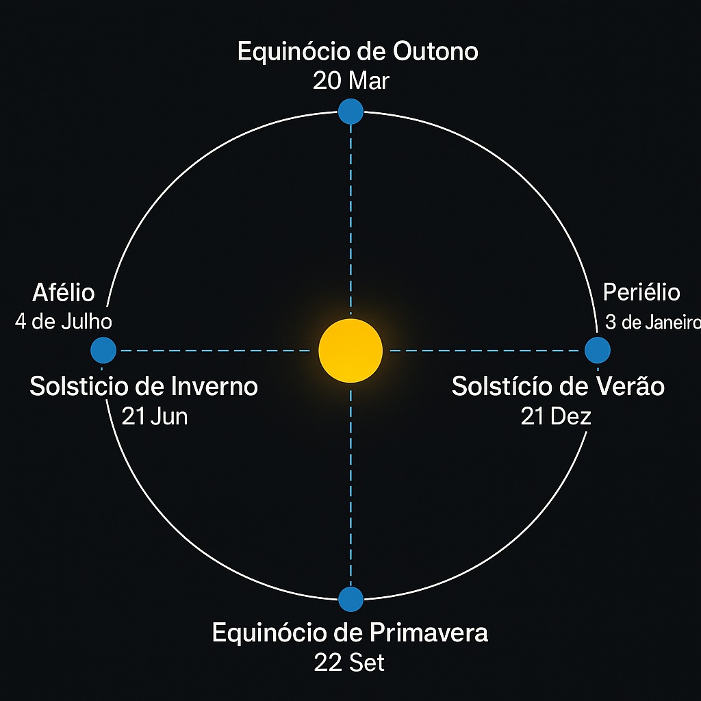 Ilustração da Terra em sua órbita ao redor do Sol, destacando os solstícios.