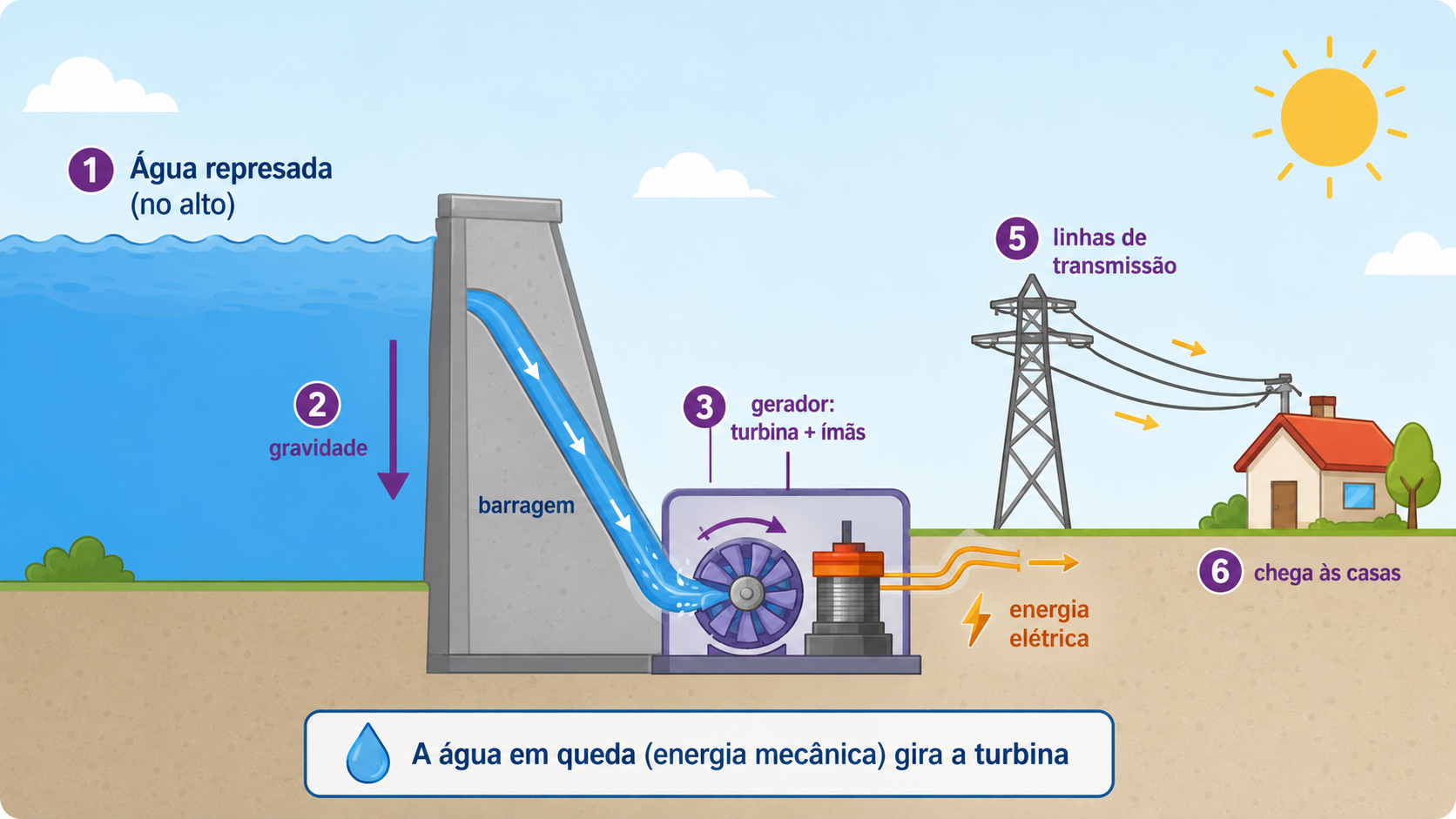 Esquema do funcionamento de uma usina hidrelétrica: a água represada atrás da barragem desce pelas comportas e gira as turbinas do gerador; a eletricidade produzida segue pelas linhas de transmissão em torres até chegar, por postes e fios, às casas da cidade.