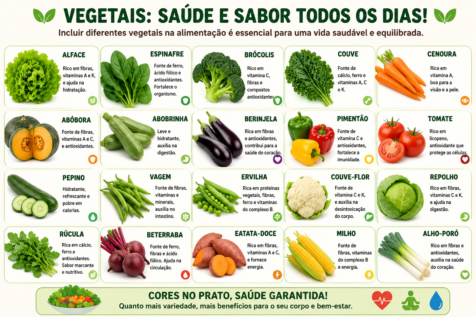 Cartaz 'Vegetais: saúde e sabor todos os dias', com muitos vegetais organizados por tipo (folhas, legumes, tubérculos, raízes e outros).